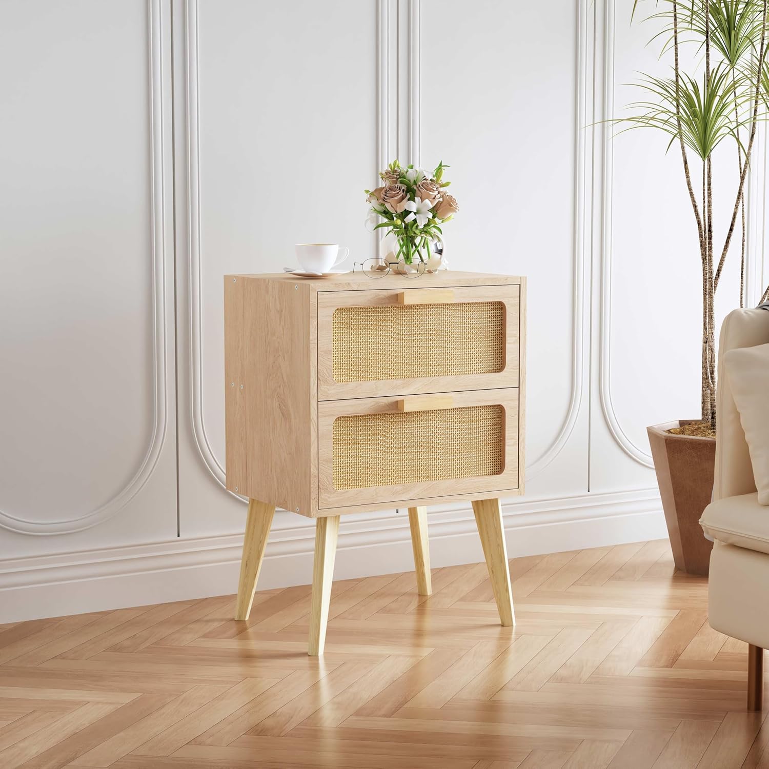 Rattan Nightstand, Wood End Table, Side Table with 2 Hand Made Rattan Decorated Drawers,Boho Bedside Table,Wood Accent Table with Storage for Livingroom, Bedroom, Natural