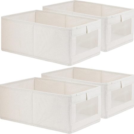 Linen Storage Bins (4-Piece Set) — For organizing clothes, jeans, toys, and books; fits shelves, closets, and wardrobes; large storage baskets/boxes with viewing windows