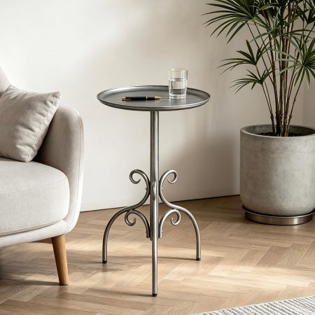 Round Side Table, Small Metal Drink Table for Small Spaces, Modern Martini Table for Living Room, Bedroom, Corners, and Office,Antique Silver