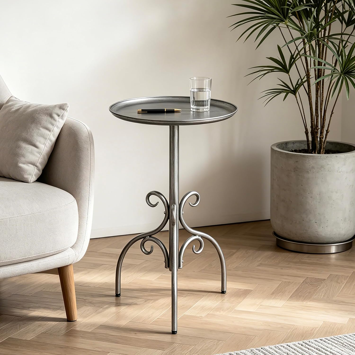 Round Side Table, Small Metal Drink Table for Small Spaces, Modern Martini Table for Living Room, Bedroom, Corners, and Office,Antique Silver