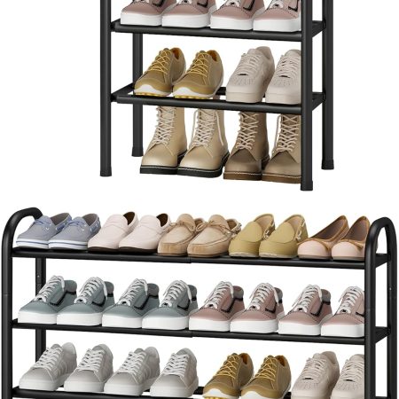 Expandable Shoe Rack, 3-Tier Metal Small Shoe Rack for Closet, Up to 16 Pairs Adjustable Shoes Racks Storage for Front Door Entrance, Free Standing Shoes Rack Organizer for Entryway, Black