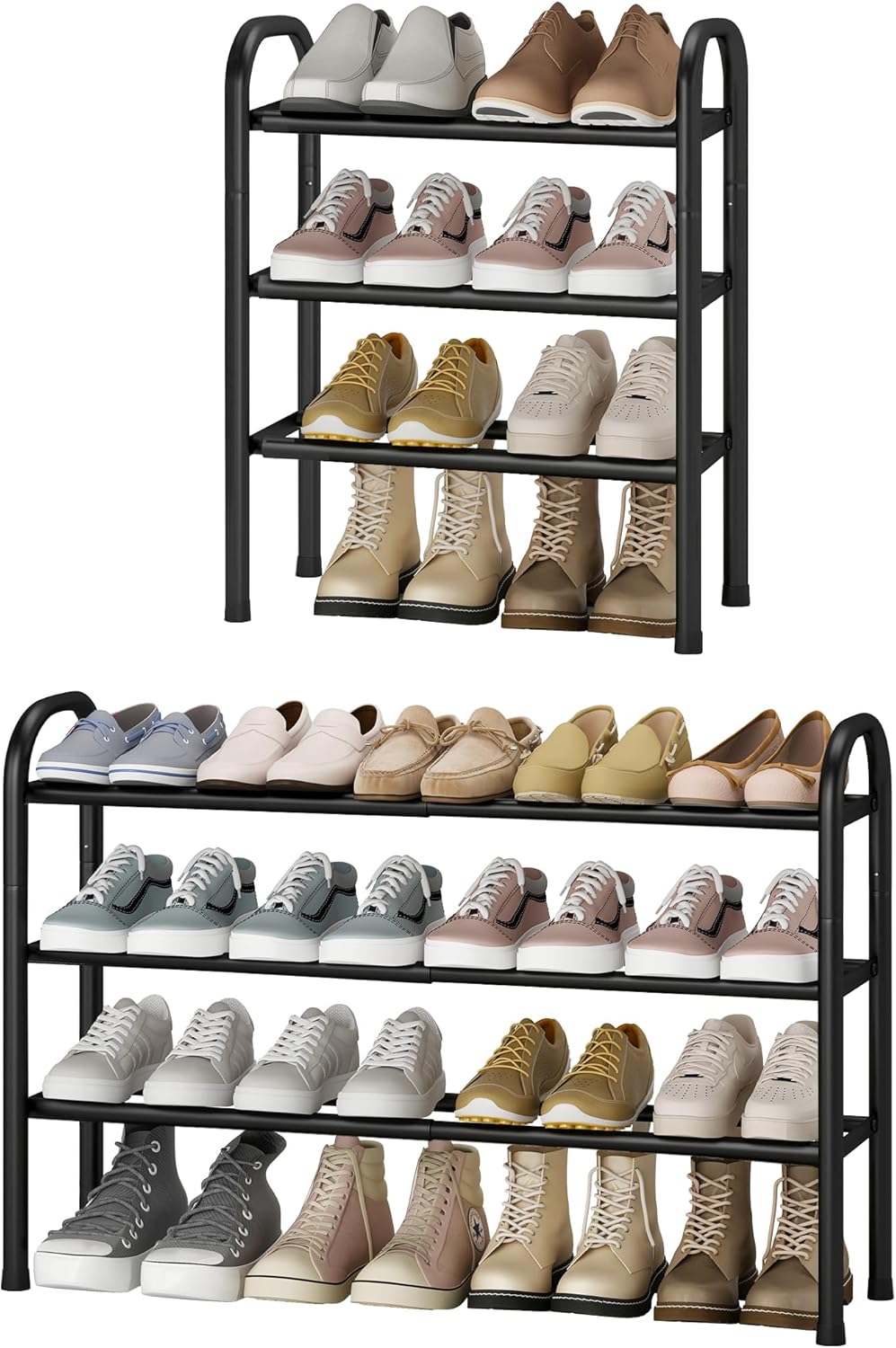 Expandable Shoe Rack, 3-Tier Metal Small Shoe Rack for Closet, Up to 16 Pairs Adjustable Shoes Racks Storage for Front Door Entrance, Free Standing Shoes Rack Organizer for Entryway, Black