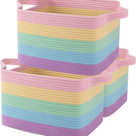 Storage basket/woven storage bin, cotton rope basket (suitable for toys, bathroom towels, etc.)—3-pack, soft rainbow color palette