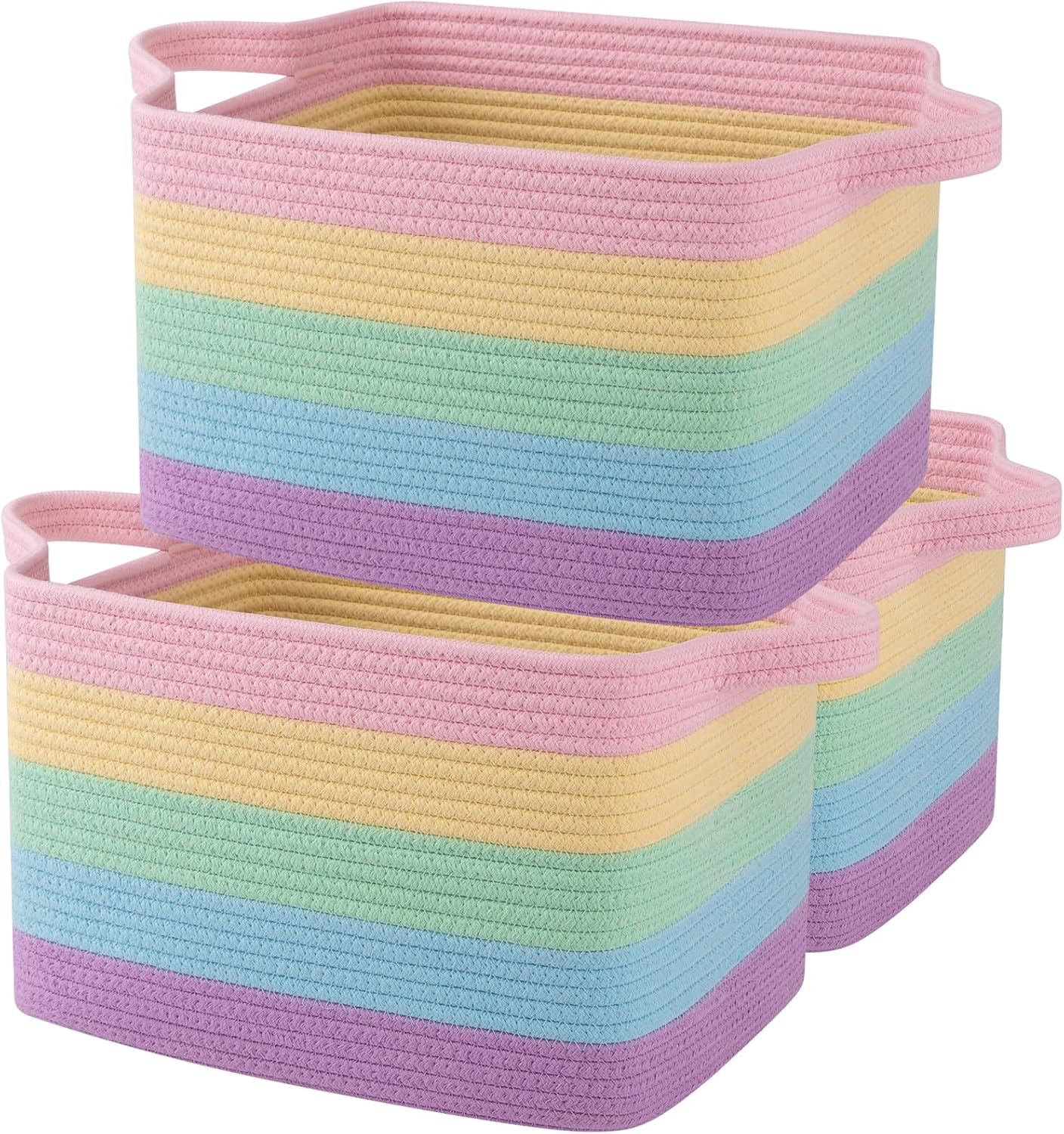 Storage basket/woven storage bin, cotton rope basket (suitable for toys, bathroom towels, etc.)—3-pack, soft rainbow color palette