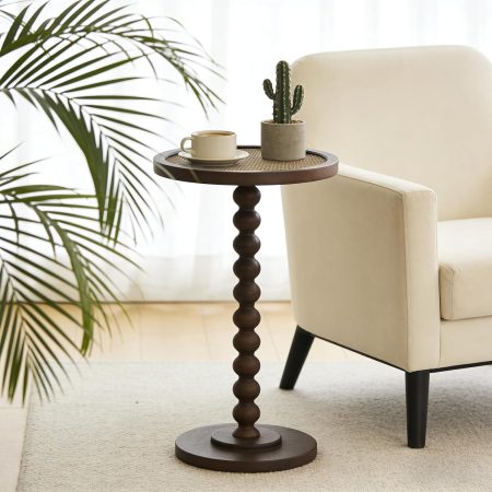 Solid Wood Drink Table, Small Pedestal Side Table for Small Spaces, Rattan Accent End Table Nightstand with Bread Leg for Living Room, Bedroom, Corners, and Office, Brown (Brown)