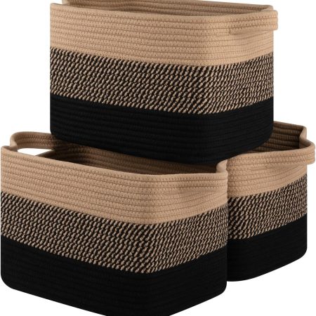 Storage Basket for Organizing, Woven Baskets for Storage, Rectangle Decorative Baskets for Shleves, Closet, Toys, Books, Nursery Organizer Bins - Pack of 3 (Black & Brown)