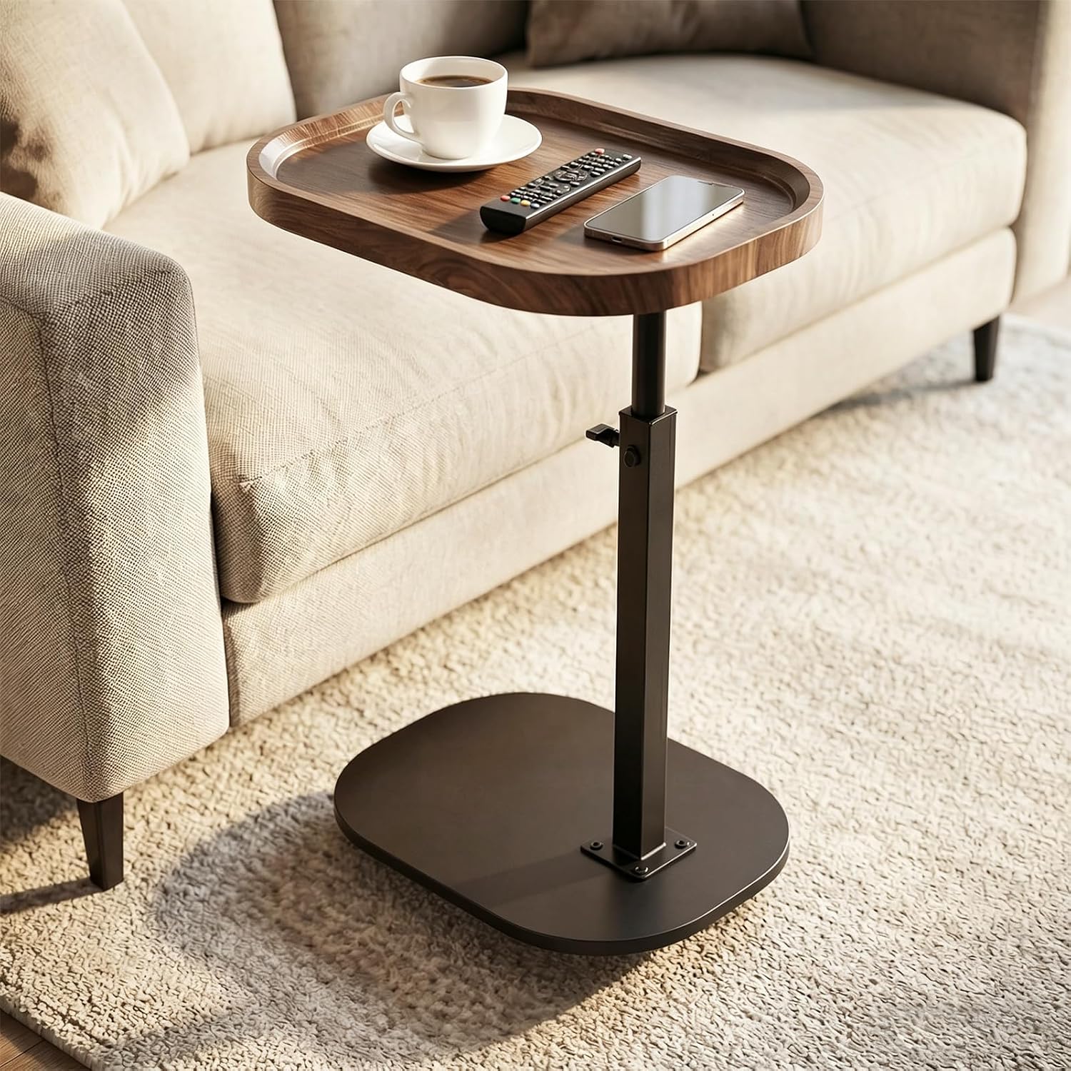 Adjustable Height Eating TV Dining Table, 360° Rotating C-Shape Small Side Table for Living Room, Bedroom, Hospital, Sliding Sofa Armrest Support Table