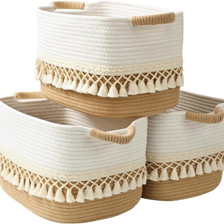 2 Pack Storage Basket for Shelves, Boho Cotton Rope Storage Bins with Heavy Tassel, Shelf Baskets Large Woven Baskets for Organizing, Cube Organizer Bins, Baby Laundry Basket for Clothes, Toys, Pets