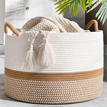 Large Blanket Basket (20"x13"),Woven Baskets for storage Baby Laundry Hamper, Cotton Rope Blanket Basket for Living Room, Laundry, Nursery, Pillows, Baby Toy chest (White/Brown)