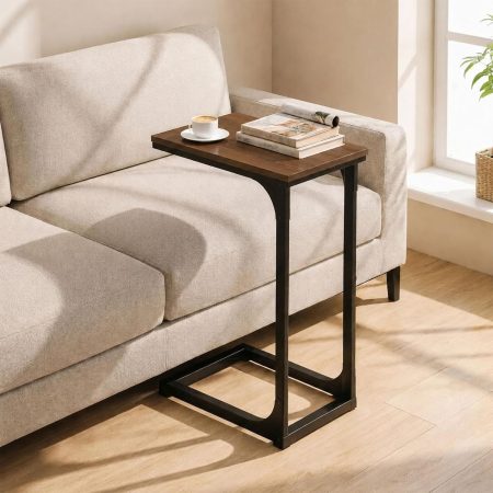C Shaped End Table for Couch - Small Side Table and TV Tray for Eating or Laptop, Accent Desk for Chair or Sofa, Easy Assembly, Space-Saving Design for Living Room or Bedroom,Rustic Walnut