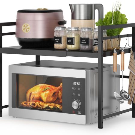 Microwave Oven Rack, Expandable Microwave Stand Countertop Kitchen Utensils Tableware Storage, Carbon Steel Over Microwave Shelf Countertop with 3 Hooks