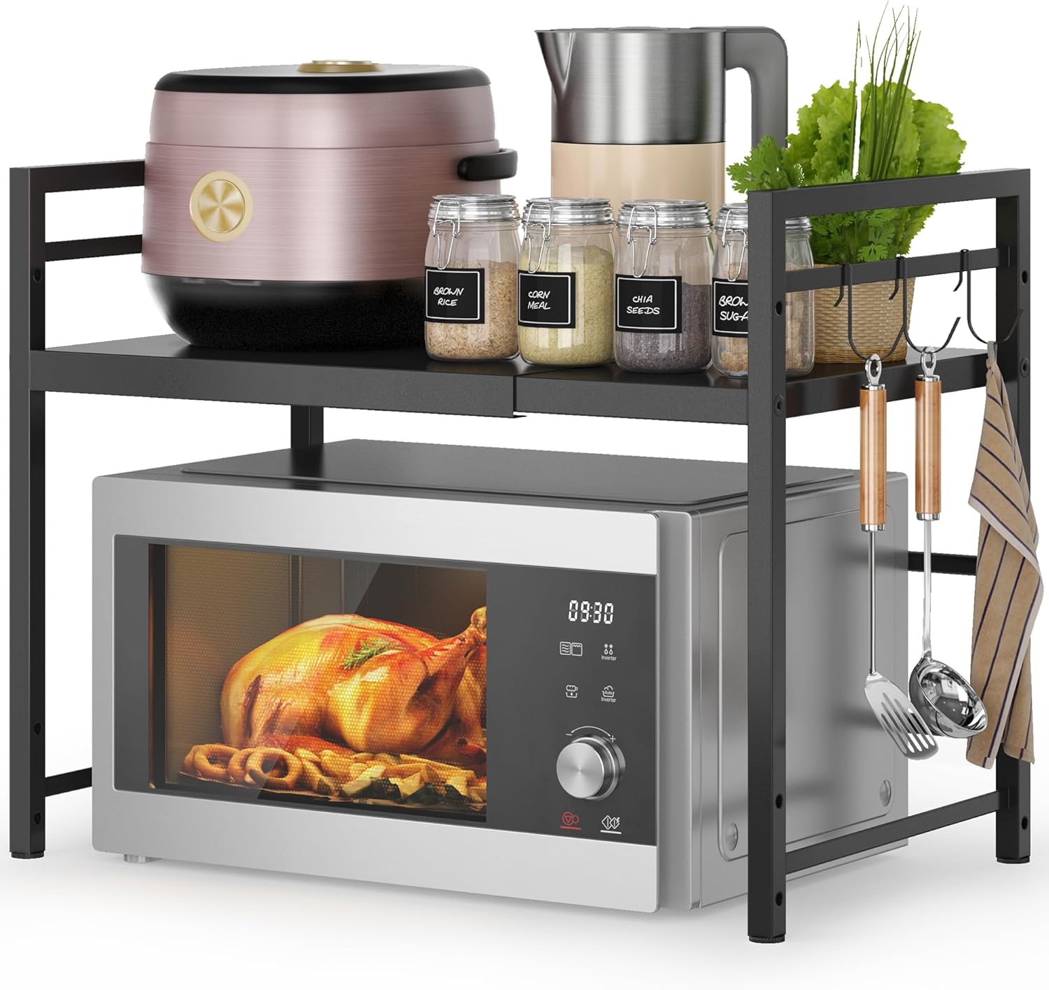Microwave Oven Rack, Expandable Microwave Stand Countertop Kitchen Utensils Tableware Storage, Carbon Steel Over Microwave Shelf Countertop with 3 Hooks