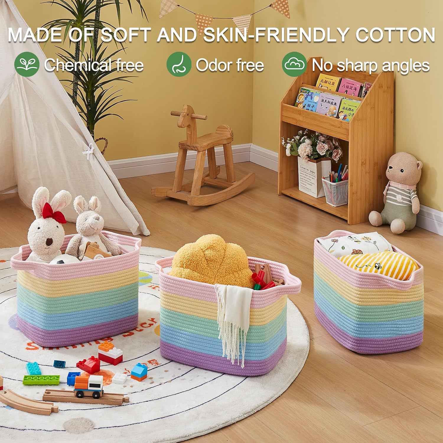 Storage basket/woven storage bin, cotton rope basket (suitable for toys, bathroom towels, etc.)—3-pack, soft rainbow color palette - Image 2