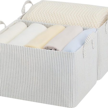 Fabric Storage Bins (2-Piece Set) — For shelves; large storage baskets with metal frames and handles; closet storage bins; khaki and beige striped