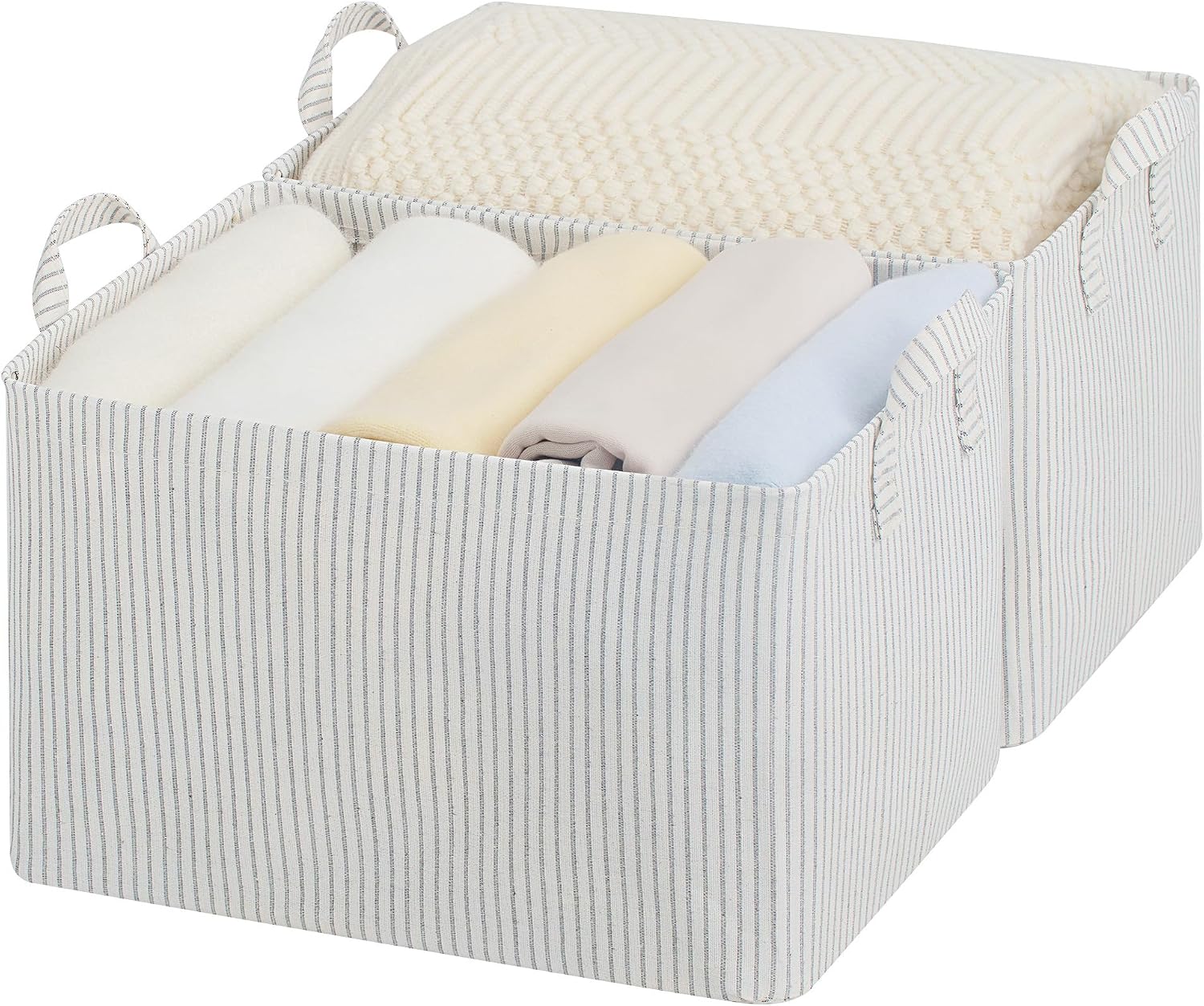 Fabric Storage Bins (2-Piece Set) — For shelves; large storage baskets with metal frames and handles; closet storage bins; khaki and beige striped