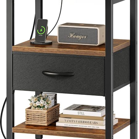 Nightstand with Charging Station, Bed Side Table with Adjustable Fabric Drawer, Night Stand for Bedroom, 3-Tier Storage End Table, for Living Room, Rustic Brown and Black
