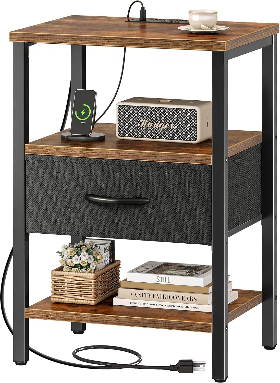 Nightstand with Charging Station, Bed Side Table with Adjustable Fabric Drawer, Night Stand for Bedroom, 3-Tier Storage End Table, for Living Room, Rustic Brown and Black