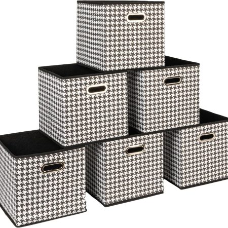 Fabric storage bin 6-pack, black and white houndstooth pattern