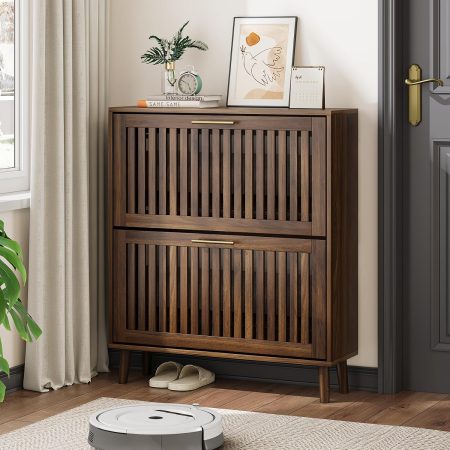Shoe Cabinet, Shoe Storage Cabinet with Louvered 2 Flip Drawers, Narrow Shoe Cabinet Storage for Entryway, Freestanding Shoe Organizer Cabinet with Golden Handles, Slim Shoe Rack Cabinet (Walnut)