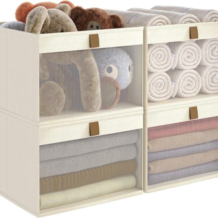 Linen Closet Organizers and Storage, Closet Storage Bins Basket Organizer, Foldable Organization Baskets with Mesh Window for Clothes Towels and Toys, 12.75" x 12.75" x 9", Beige, 4 pack