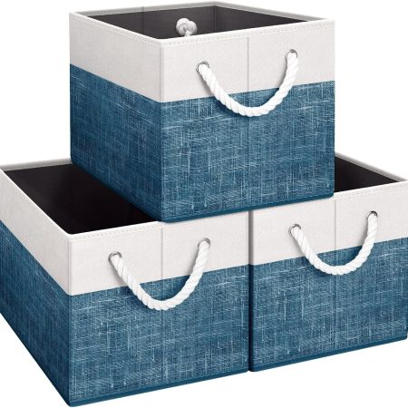 Storage Bins (3-Piece Set) — —Collapsible storage basket for organizing toys, books, shelves, and closets; large storage box with rope handles, sturdy and durable, white and blue color scheme