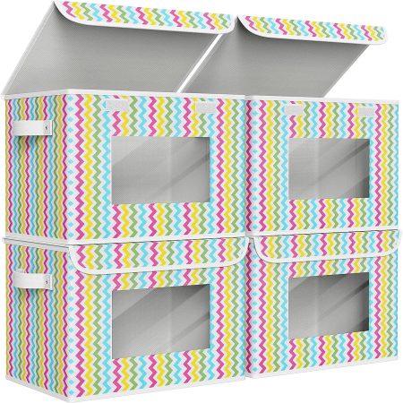 Fabric Foldable Storage Boxes [4-Pack] Large Collapsible Stackable Storage Bins with Lids, Closet Organizers and Storage Cube Basket for Home, Office, Bedroom (Colorful, 17”x 12” x 12”)