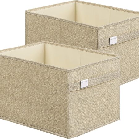 Storage basket 2-pack with dual handles; made of Oxford cloth and faux linen fabric, easy to clean, collapsible, with metal label holder, color: Summer Sand