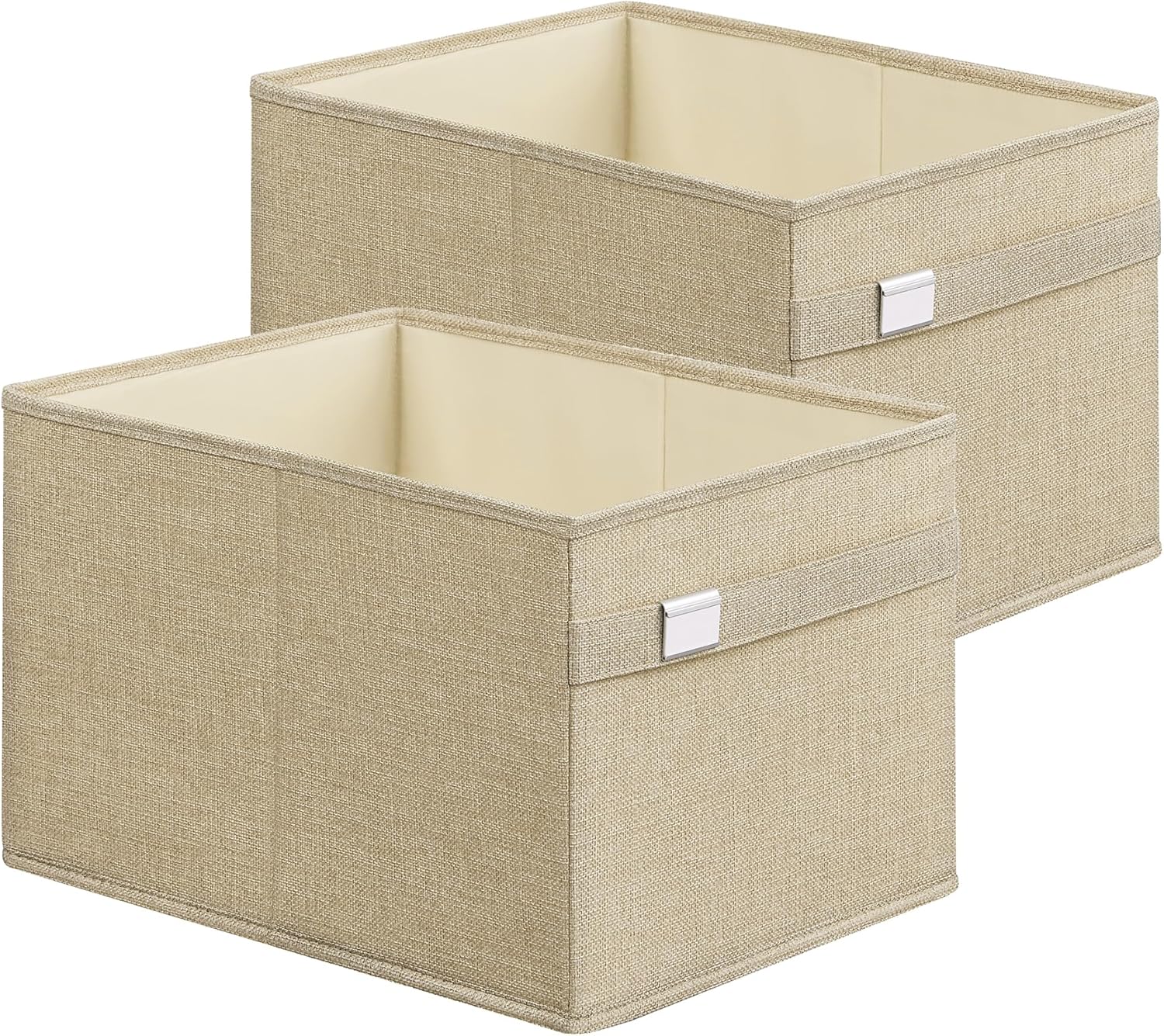 Storage basket 2-pack with dual handles; made of Oxford cloth and faux linen fabric, easy to clean, collapsible, with metal label holder, color: Summer Sand